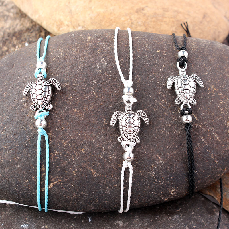 Bohemian Turtle Anklets Adjustable Wax Rope Black Blue White